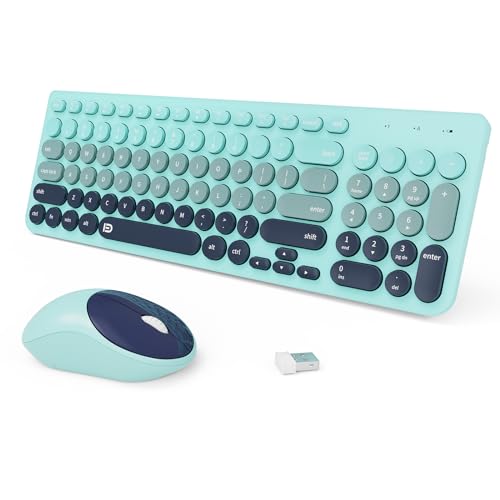Wireless Keyboards Mouse Combos, Colorful Cute Typewriter Full-Size Retro Round Keycaps, 2.4GHz Cordless Connection Sleep Mode Office Wireless Keyboard and Mouse Set for Desktop Laptop PC Computer - color: 96 Keys Indigo Blue Colorful