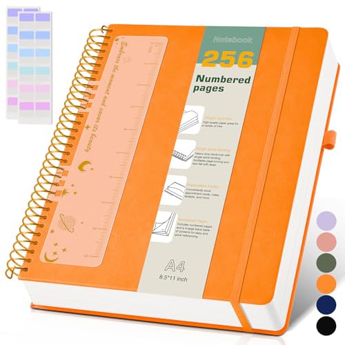 A4 Spiral Notebook Journal 8.5” x 11”, 256 Numbered Pages Hardcover Leather Journals for Women Men, Large Lined College Ruled Notebooks, 100GSM Thick Paper, Spiral Bound Journal for Work School Orange - color: Orange, size: A4