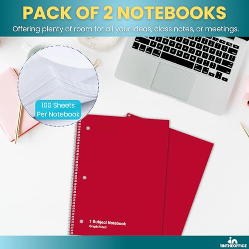 1InTheOffice Graph Ruled Spiral Notebook, 1 Subject Notebook, Wirebound Graph Paper Notebook 8 x 10.5 Inch, 70 Sheets, 5 Squares Per Inch, 3 Hole Punched