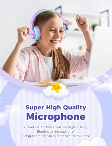iClever BTH12 Kids Bluetooth Headphones,Colorful LED Lights Kids Headphones Wireless,74/85dBA Safe Volume,85H Playtime,Fast Charging,Bluetooth 5.2,Over Ear,Built-in Mic for iPad/Tablet/Airplane,Purple - color: Purple