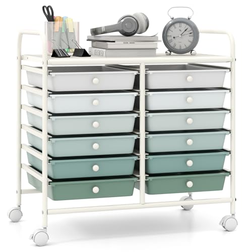 Giantex 12 Drawers Rolling Cart, Mobile Storage Drawer Cart, Classroom Organizer Cart for Office School Supplies Tools Scrapbook Paper Craft Small Printer, Utility Cart on Wheels, Green Gradient - color: Green Gradient, size: 25” x 15” x 24.5”(12 Drawers)