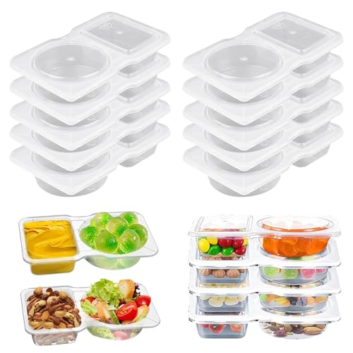 10 Pack Double Compartment Condiment Containers with Lids Reusable Leakproof Plastic Snack Containers for Sauce Dip Dressing Travel and Sampling Clear To-Go Dual Compartment Food Storage (Clear-10Pcs)