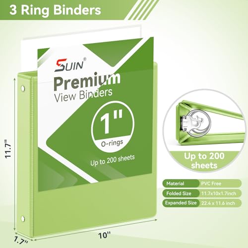 SUIN 1 Inch 3 Ring Binder, Clear 1'' View Presentation Binders with 2 Pockets, Fits 8.5 x 11 Letter Size, Durable Polypropylene, Non-Stick & PVC-Free for School, Office & Home (Kelly Green) - color: Kelly Green