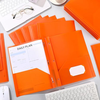 Cholemy 72 Packs Pocket Folders with Prongs Heavy Duty Plastic Folder with Business Card Slot 3 Prong Fasteners for School Office (Orange) - color: Orange