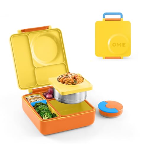 OmieBox Bento Box for Kids - Insulated Bento Lunch Box with Leak Proof Vacuum Insulated Food Jar - 3 Compartments, Two Temperature Zones (Sunshine) - color: Sunshine