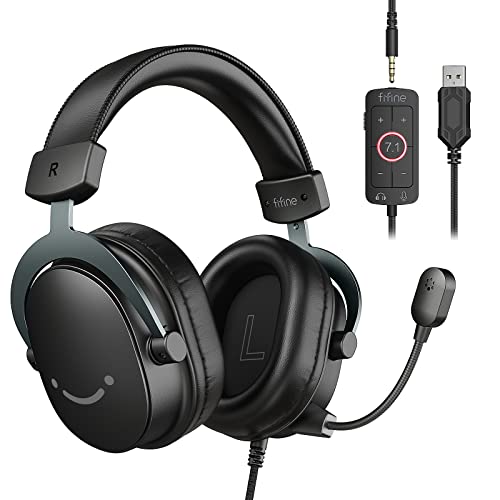 FIFINE Wired Gaming Headset, Gamer Headset with 3.5mm and USB Dual Connectivity, 7.1 Surround Sound, Tuned 50mm Drivers, Detachable Mic, Over-Ear Headphones for PC/PS5/Xbox, Black-AmpliGame H9 - color: Black