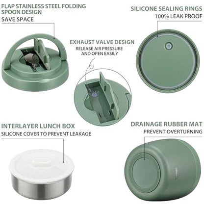 wiwens Thermo Food Jar for Hot Food Adults 32OZ Soup Thermo Lunch Containers Wide Mouth Vacuum Insulated Stainless Steel Leakproof Bento Box with Spoon (Green) - color: Green