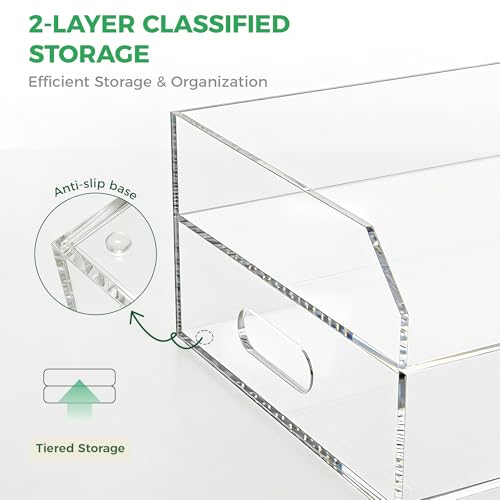 Paper Tray Organizer for Desk, 2 Tier Acrylic Desk Organizers and Accessories, One-Piece Integrated A4 Paper Organizer with Handles, Crystal-Clear Letter Tray & Compact Office File Holder - size: 2-Tier-Horizontal