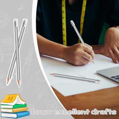60 PCS Silver Pencils Bulk with Eraser, Pre-Sharpened HB Pencils for Writing & Drawing, School Supplies for Kids Homework, Tests, Art Crafts & Teacher Grading (Silver) - color: silver