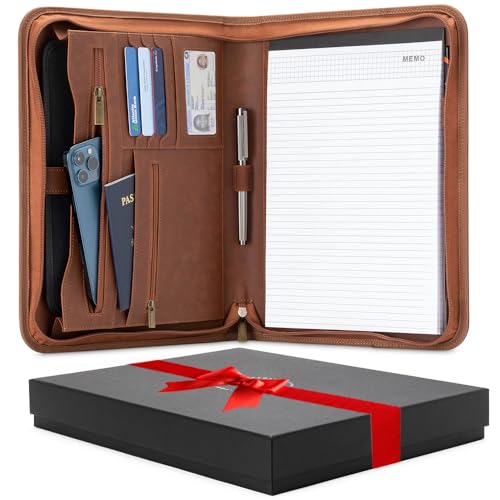 Forevermore Portfolios Padfolio Binder - Professional Faux Leather Travel Organizer Pouch for Tablet, Documents, Presentation Folders, Zipper Closure, Notepad - Brown - color: Brown, size: Without Ring Binder, style: Slim Portfolio