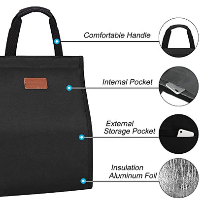 Lunch Bags for Women Insulated Reusable Lunch Tote with Internal Pocket, Adult Lunch Tote bag for Work (Black