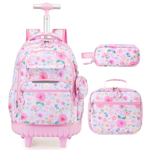 Rolling Backpack for Girls, 3PCS Roller School Backpacks for Girls with Lunch Bag and Pencil Pouch, Kids Bookbag School Bag with Wheels for Kindergarten Elementary Middle School Travel - color: Pink Floral