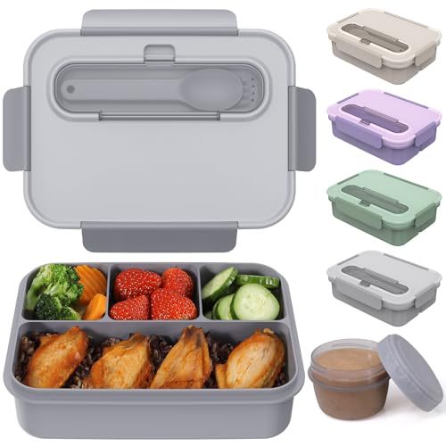 Caperci Bento Box Adult - 50 oz Large Lunch Containers for Adults and Teens, 4-Compartment Bento Lunch Box with Utensils & Leak Proof Sauce Cup, Dishwasher Safe, Durable, BPA-Free (Gray) - color: Gray