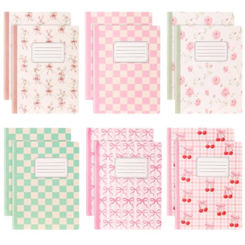 MotiMind 12 Pack Composition Notebooks Back to School Coquette College Ruled Lined 120 Pages Floral Bow Plaid Cherry Composition Books for First Day of School Women Student Supplies, 9.75 x 7.5in