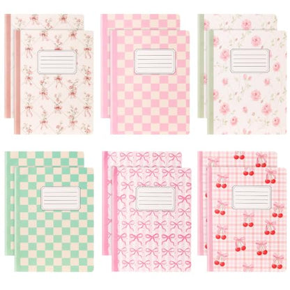 MotiMind 12 Pack Composition Notebooks Back to School Coquette College Ruled Lined 120 Pages Floral Bow Plaid Cherry Composition Books for First Day of School Women Student Supplies, 9.75 x 7.5in