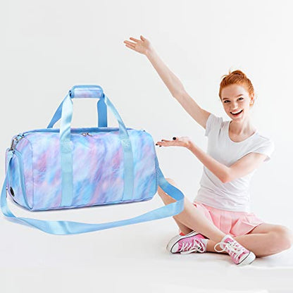 Jumpopack Dance Bag Girls Duffle Bags Teen Sports Gym Bags Weekender Sleepover Overnight Bag with Shoe Compartment and Wet Pocket - color: Purple Blue