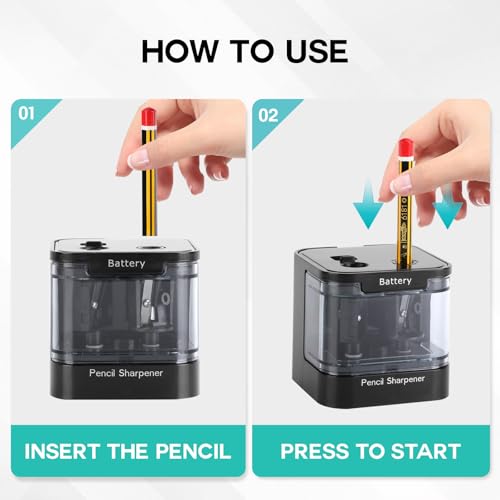 Eagle Electric Pencil Sharpener, Dual Holes, Battery Powered for School/Office/Art, 5s Fast Sharpening, Portable w/Large Shaving Tray & Replaceable Blades, for 6-12 mm Pencils (Black) - color: Black