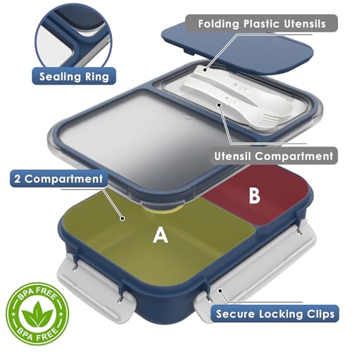 WHALEHOUSE Large Capacity Bento Lunch Box for Adult, 1600ML 2 Compartments Meal Prep Container with Utensil, Airtight Food Storage Container with Snap Locking Lids, Microwave/Dishwasher/Freezer Safe - color: 1600mL-Dark Blue