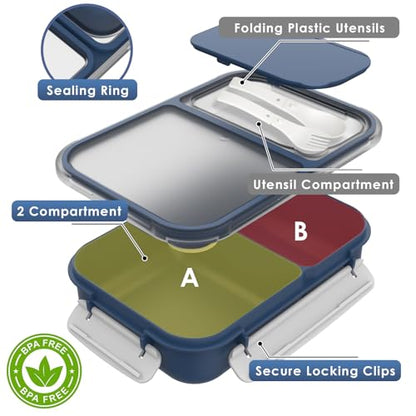 WHALEHOUSE Large Capacity Bento Lunch Box for Adult, 1600ML 2 Compartments Meal Prep Container with Utensil, Airtight Food Storage Container with Snap Locking Lids, Microwave/Dishwasher/Freezer Safe - color: 1600mL-Dark Blue