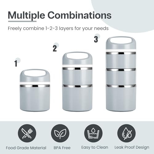 Lille Home Stackable Stainless Steel Thermal Compartment Lunch/Snack Box, 3-Tier Insulated Bento/Food Container with Lunch Bag and Three Extra Seals, 43OZ (Gray) - color: Gray