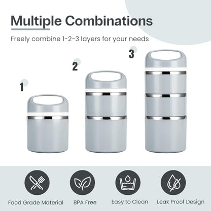 Lille Home Stackable Stainless Steel Thermal Compartment Lunch/Snack Box, 3-Tier Insulated Bento/Food Container with Lunch Bag and Three Extra Seals, 43OZ (Gray) - color: Gray
