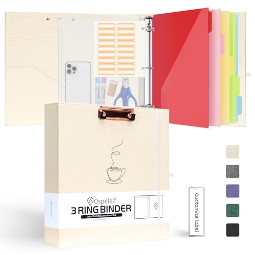 Ospelelf 2 Inch 3 Ring Binder, 5 Tab Dividers with 10 Pockets for Letter Size (8.5" x 11"), Linen Binder Organizer with Zipper Pouch, Hardcover School Clipboards Binder, Beige - color: Beige, size: 2in (Letter Size)