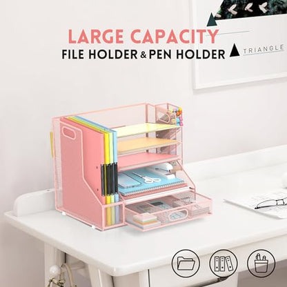 5-Tier Desk Organizer with File Holder & Pen Holder & Sliding Drawer, Pink | Mesh Metal Paper Letter Tray for Papers, Mail, Office Supplies, and Desk Accessories - color: Pink