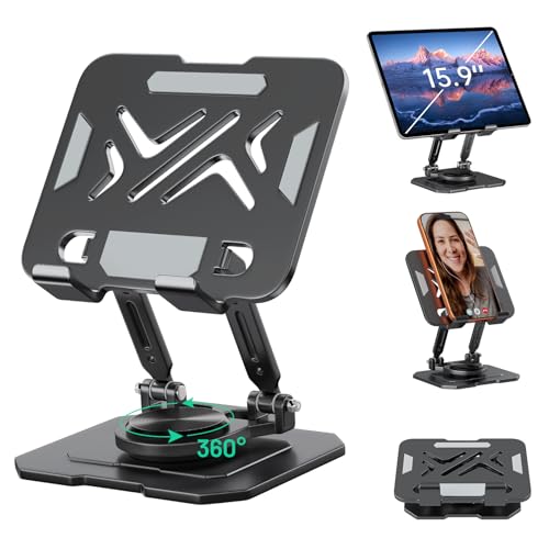 iPad Stand Tablet Holder for Desk,360° Rotation Metal Base Dual Rod Adjustable Height Holder,Compatible with 4.7-15.9" iPad Pro/Air/Mini,eReader,LG Pads,Nexus,Switch,iPhone Pro/Max/Air/Plus