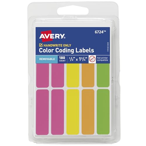 Avery Color-Coding Removable Labels, 1/2" x 1-3/4", Assorted Neon Colors, Non-Printable, 180 Blank Labels Total (6724) - size: 180 Count (Pack of 1)