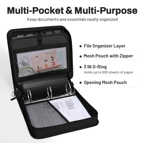 SUNEE Zipper Binder 3 Ring, 3 Inch O-Ring with Handle and Shoulder Strap, 600-Sheet Capacity, 5-Tab Expanding File Folder, Multi-Pockets for Middle School Organizer Binder with Zipper, Black - color: Black