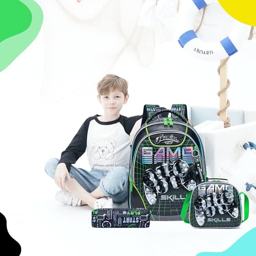 Backpack for Girls Elementary Preschool Kids Lunch Box for School - color: 02 Green Game