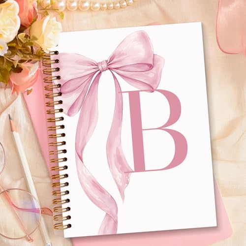JXREQ Coquette Pink Bow Personalized Notebook, Initial Letter B Monogram Journal, Preppy Girly Ribbon Bow Journal, Monogrammed Gifts for Women, Aesthetic Spiral Notebook 5.5x8.3 - color: Bpink