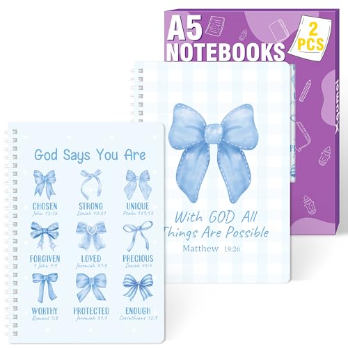 Xqumoi 2 Pack A5 Blue Bow Coquette Religious Spiral Notebooks - Motivational Bible Verses Writing Notebooks, Ruled Lined Journal, Christian Christmas Gift, Sunday School Supplies - style: L-Blue Bow Religious
