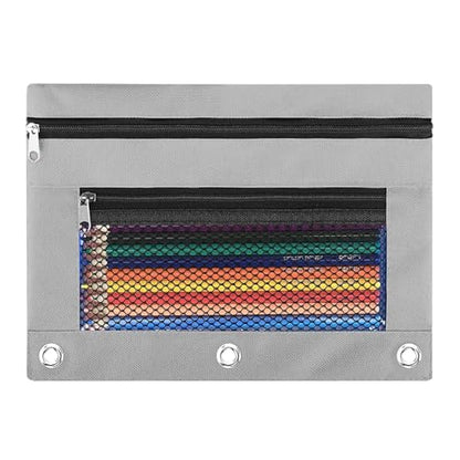 Pencil Pouch for 3 Ring Binder - 3 Hole Zipper Pen Case Bag Holder Bulk Accessories Clear Window Aesthetic Organizer Pockets - color: Grey