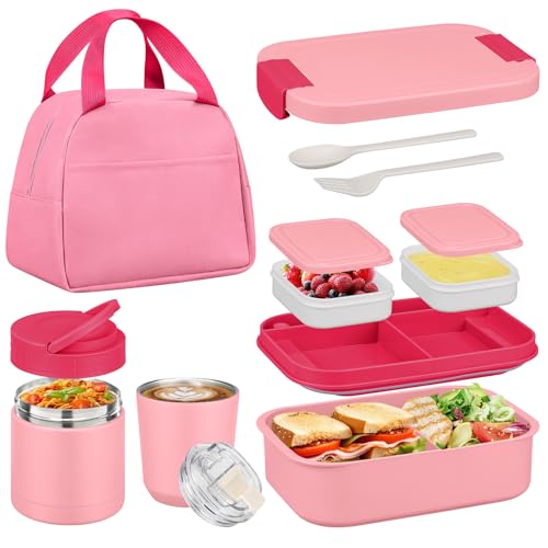 Bento Lunch Box Set with 10.5oz Soup Thermo Food Jar for Adults Kids, Stainless Steel Leak-proof Lunch Container with 4 Compartment, Coffee Tumbler with Lunch Bag for School Travel Office-Pink - color: Pink