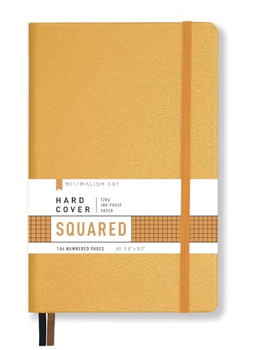 Minimalism Art, Premium Hard Cover Notebook Journal, Medium Size, A5 5.8" x 8.3", 186 Numbered Pages, Gusseted Pocket, Ribbon Bookmark, Extra Thick Ink-Proof Paper 120gsm (Squared, Amber)