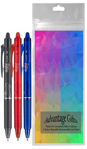 FriXion Clicker Retractable Erasable Gel Pen, Black/Blue/Red Bold Point, 3-pk; Bundle with Plastic Reusable Pouch - color: Black/Blue/Red, size: 1 Count (Pack of 3)