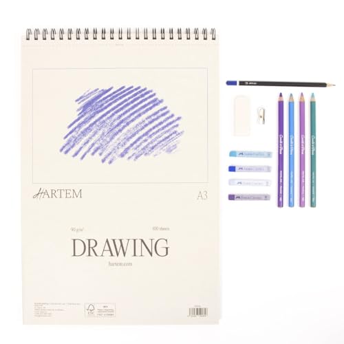 Hartem - A3 Sketch Book & 2B Graphite Pencil, Top Spiral Bound Sketch Pad, 100 Sheets, 60lb/90gsm Acid-Free Drawing Paper, Art Suppiles for Kids & Adults, Beginners & Professional Artists - size: A3 (11.7 × 16.5 in) + 2B Graphite Pencil