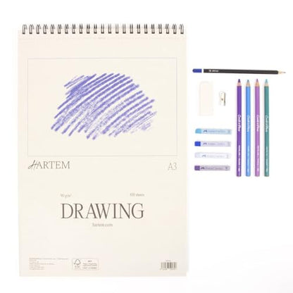 Hartem - A3 Sketch Book & 2B Graphite Pencil, Top Spiral Bound Sketch Pad, 100 Sheets, 60lb/90gsm Acid-Free Drawing Paper, Art Suppiles for Kids & Adults, Beginners & Professional Artists - size: A3 (11.7 × 16.5 in) + 2B Graphite Pencil