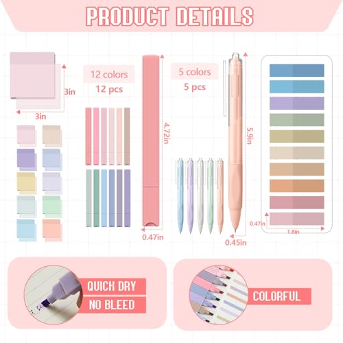 Jutom 39 Pcs Aesthetic Book Annotation Kit Highlighter with Case Bag Gel Pen Transparent Sticky Note Taking Bible Supplies(Pink,Kawaii Style) - color: Pink, style: Kawaii Style