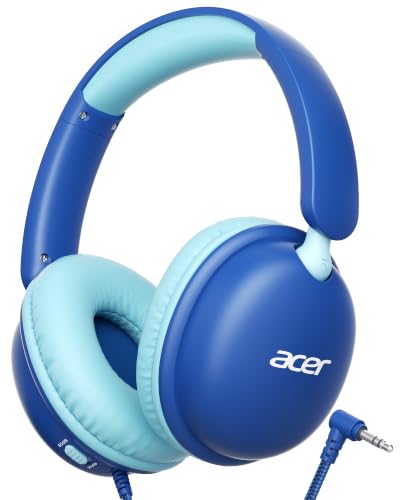 Acer Kids Headphones with Cord for School，74/85dB Volume Limit, Over Ear Headphones for Kids Toddler Girls Boys, Foldable 3.5mm Jack Wired Headphone for Tablet/Computer/Travel/Chromebook, Blue Cyan - color: Blue Cyan