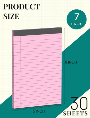 7pcs Small Note Pads 5x8 Legal Pads Pink Notepad 5x8 College Ruled Pink Notebook Paper Narrow Ruled Mini Notepads 5 x 8 Legal Pad Perforated Small Writing Pads 5x7 In 30 Sheets per Note Pad - color: Pink-7P
