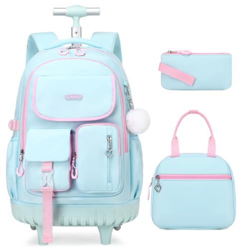 DIGOBAY Rolling Backpack for Girls, Girls Roller Backpack with Lunch Bag and Pencil Case, School Bookbag with Wheels for Elementary Middle High School Travel, Teal Pink - color: Teal and Pink