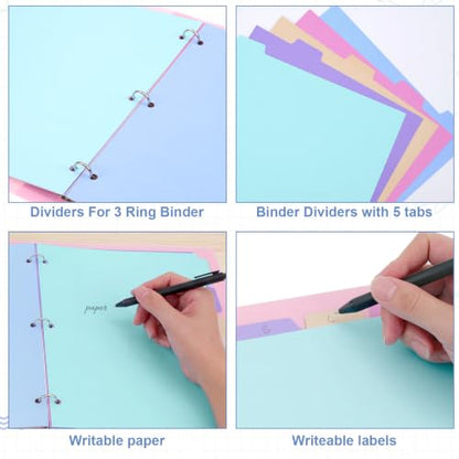 6 Sets 30 Pcs Binder Dividers with Tabs for 3 Ring Notebook Index Pages | Colorful Paper Writable and Preprinted 5 Tabs, 8.5 × 11 Inch Organizing Documents Files For School Office Home