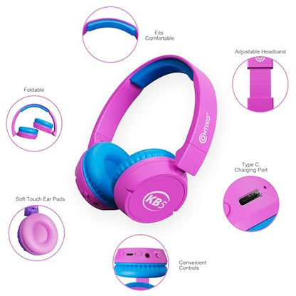 Contixo KB-5 Kids Headphones - Over The Ear Foldable Bluetooth Wireless Headphone for Kids - 85dB with Volume Limited - Toddler Headphones for Boys and Girls (Pink + Blue) - color: Pink