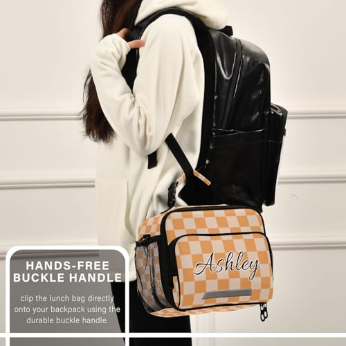 Custom Student Lunch Bag for Boys Girls Orange Checkerboard Personalized Lunch Box With Name Insulated Cooler Bag for School Picnic Travel - color: Multi11