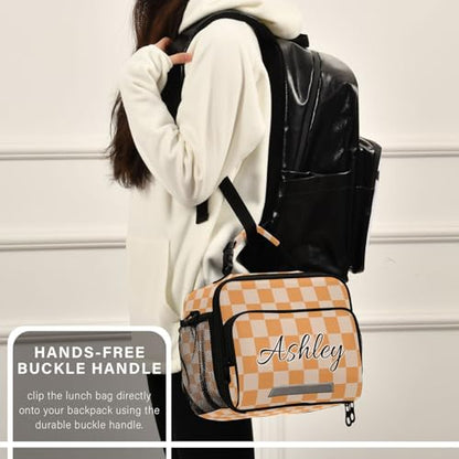 Custom Student Lunch Bag for Boys Girls Orange Checkerboard Personalized Lunch Box With Name Insulated Cooler Bag for School Picnic Travel - color: Multi11
