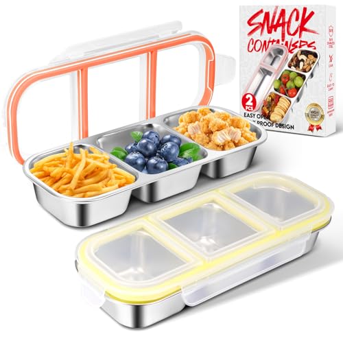 2 Pack Stainless Steel Snack Containers with Lids - Reusable 3 Compartment Snackle Box Container Divide Wet Dry Leakproof Metal Food Storage Containers for School, Home, Travel (Yellow + Orange) - color: Yellow + Orange, size: 3 Compartment of 1 pack