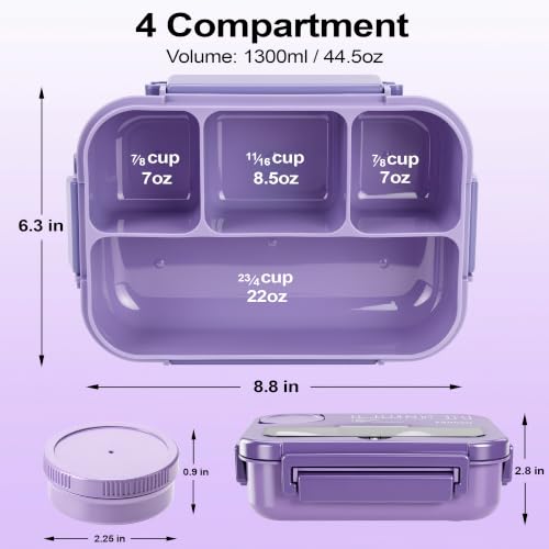 Bento Box Adult Lunch Box, Lunch Containers for Adults 44.5 Oz/5 Cup,Purple | BPA-Free, Lid-Top Sauce Tray, Leak-Proof, 1300mL, Removable Silicone Sealing Ring, Lid-Top Utensil Slot with Included Cutlery - color: Purple