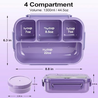Bento Box Adult Lunch Box, Lunch Containers for Adults 44.5 Oz/5 Cup,Purple | BPA-Free, Lid-Top Sauce Tray, Leak-Proof, 1300mL, Removable Silicone Sealing Ring, Lid-Top Utensil Slot with Included Cutlery - color: Purple